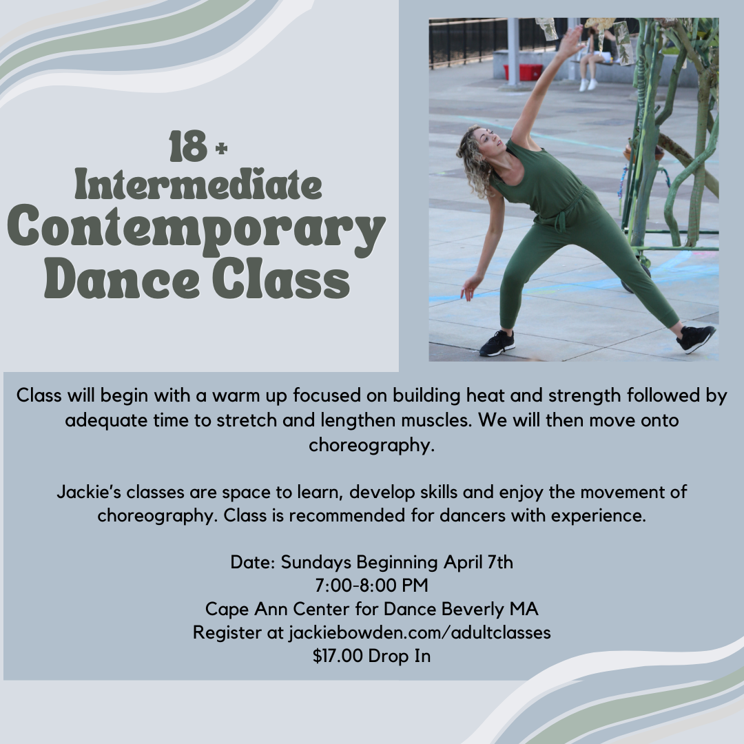 Picture of Jackie Bowden in a green jumpsuit with ainformation about Contemporary Dance Classes.