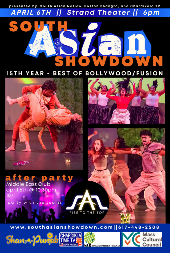 South Asian Showdown poster with event information and photos from previous events.