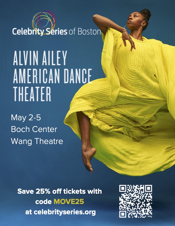 Alvin ailey promo code poster with event information, QR code and photo of dancer jumping in yellow costume