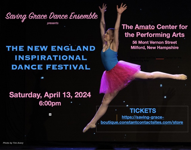 Event poster with information over photo of young dancer leaping