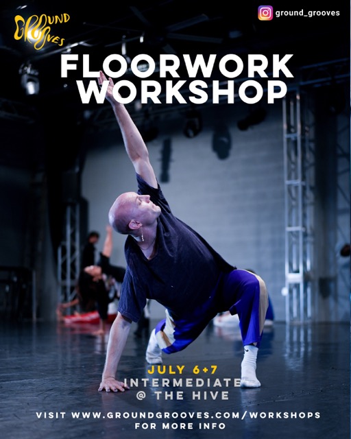 Floorwork workshop poster with photo of dancer in a deep runner's lunge