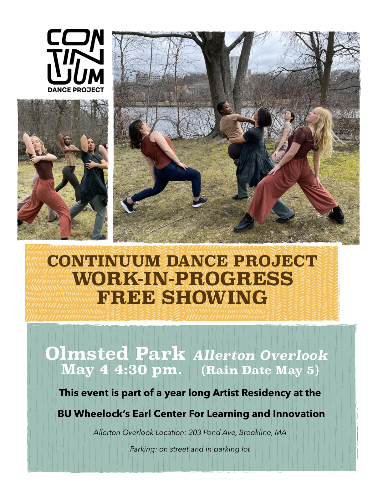Continuum Dance Project's flyer with event information at the bottom and two photos of company dancing outdoors.