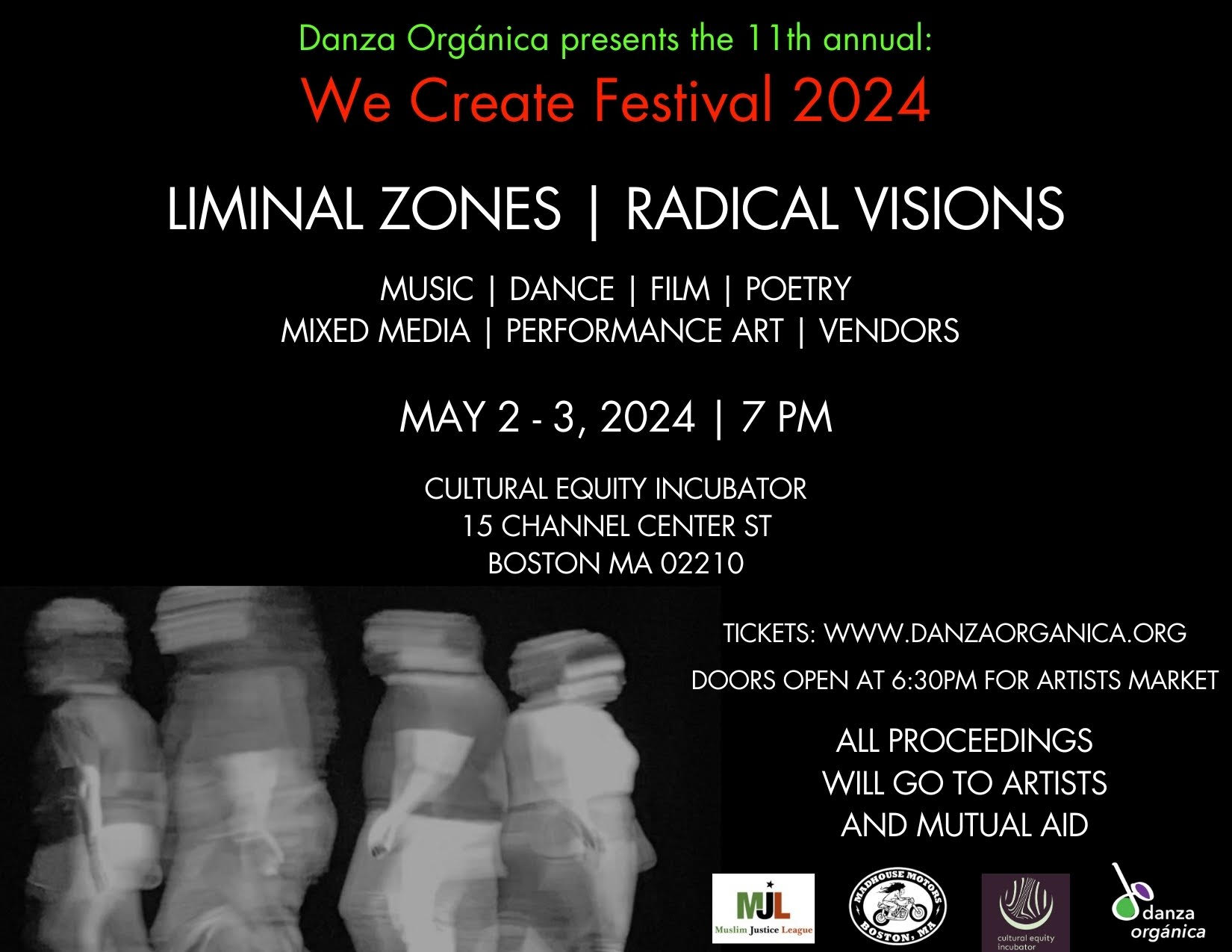We Create Festival poster with event information displayed over black background and blurry black and white photo of people walking.