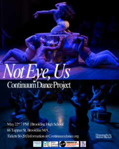 Top image: Four dancers surround a large sculpture of a human face, one dancer is on top of the sculpture. Bottom Image: dancers and audience members sit on top of pieces of the sculpture with their arms raised.