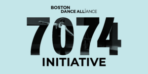 Light blue banner with black and blue image of dancer behind the numbers "7074"