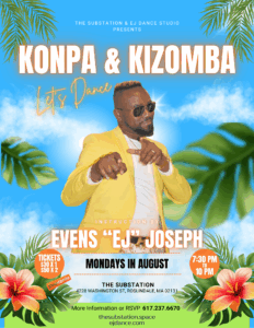 Black man with a yellow suit and sunglasses pointing on a background with a blue sky, tropical leaves, and flwoers