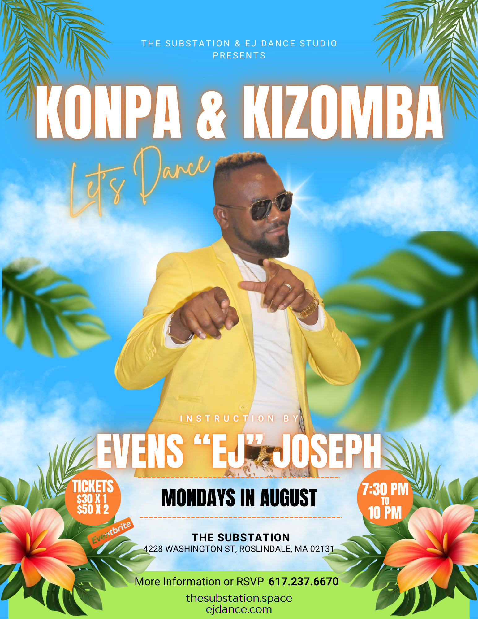 Black man with a yellow suit and sunglasses pointing on a background with a blue sky, tropical leaves, and flwoers