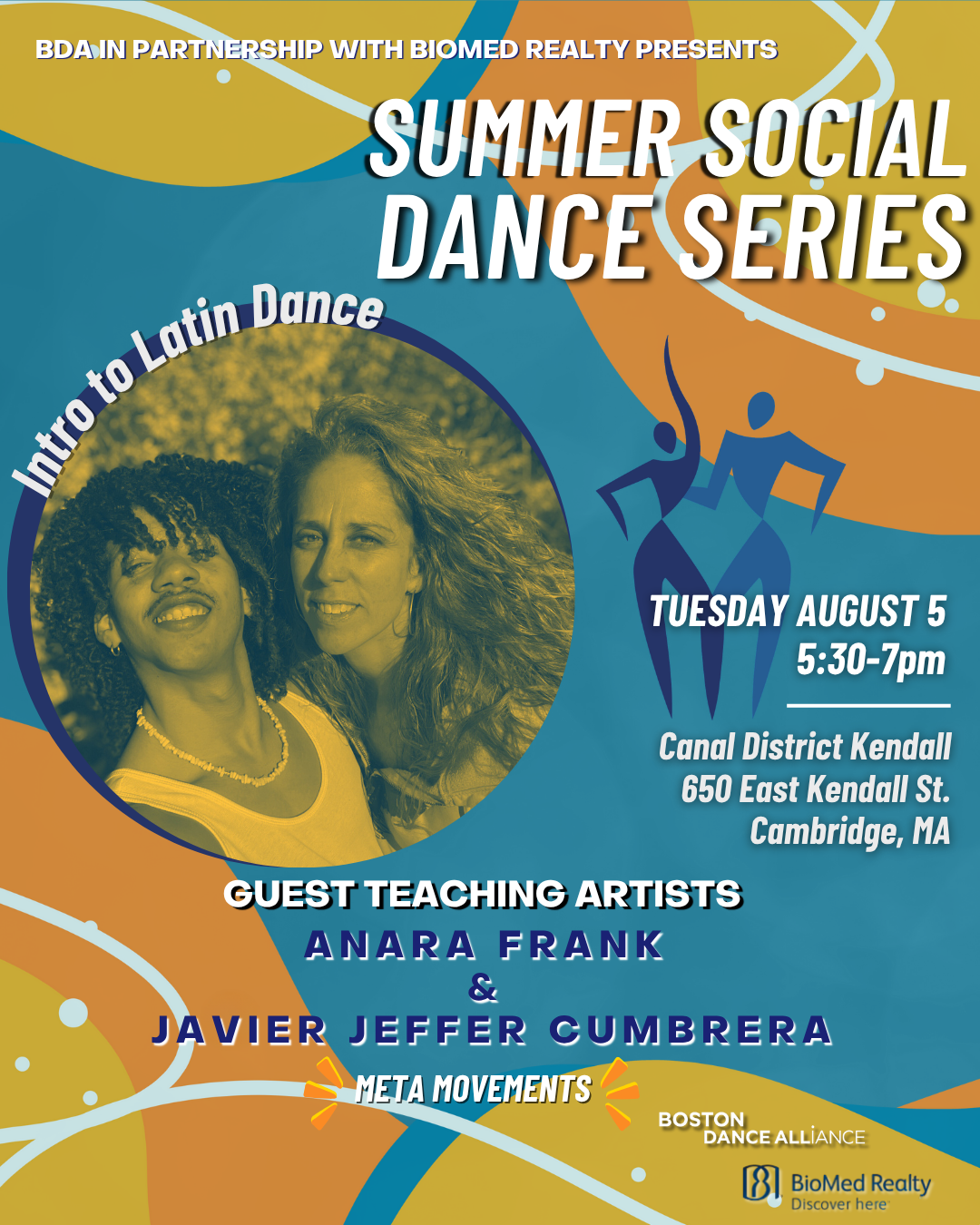 Orange and blue graphic with image of two smiling people advertising "Intro to Latin Dance" class