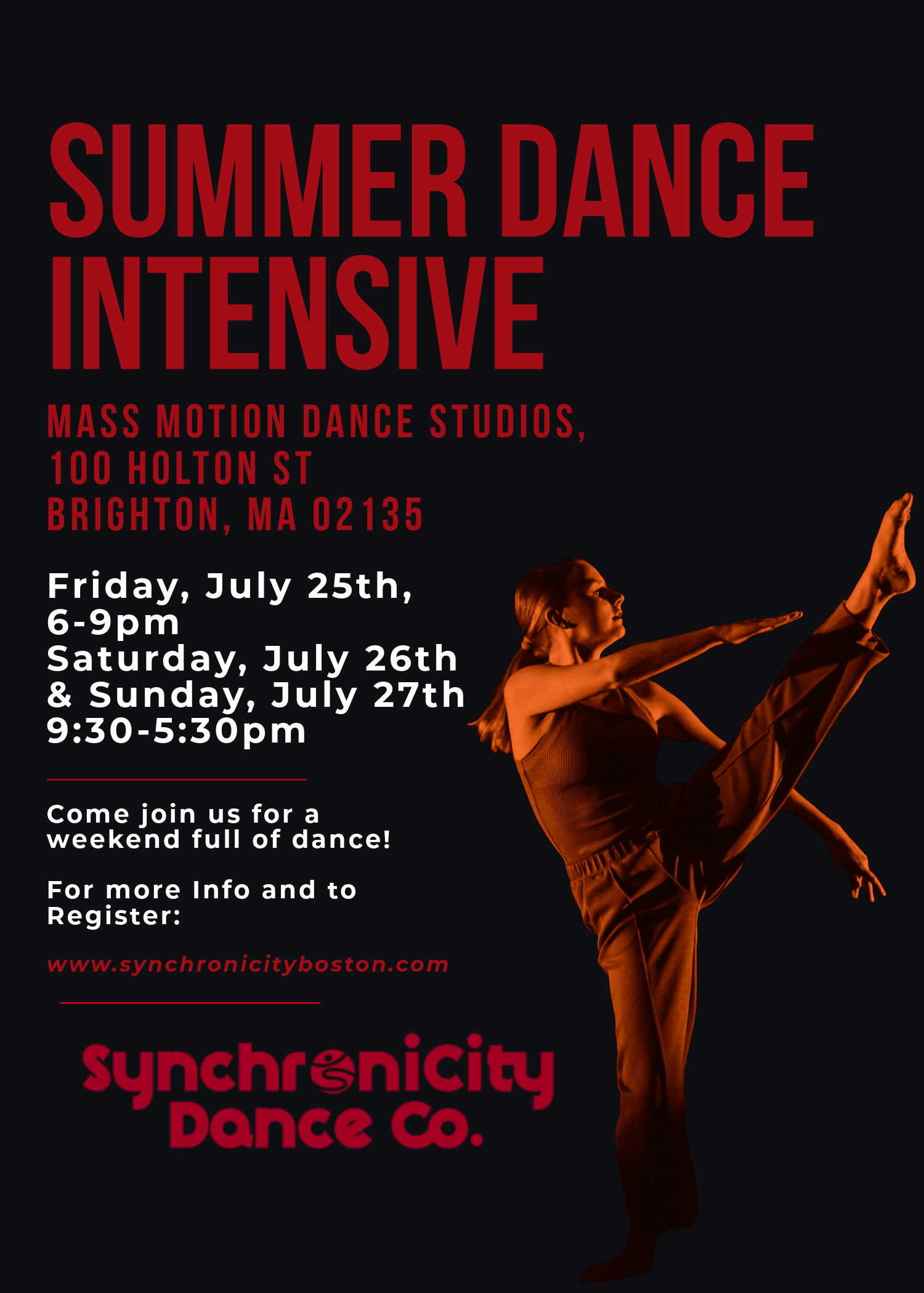 Black flyer with dancer in red light, their foot raised