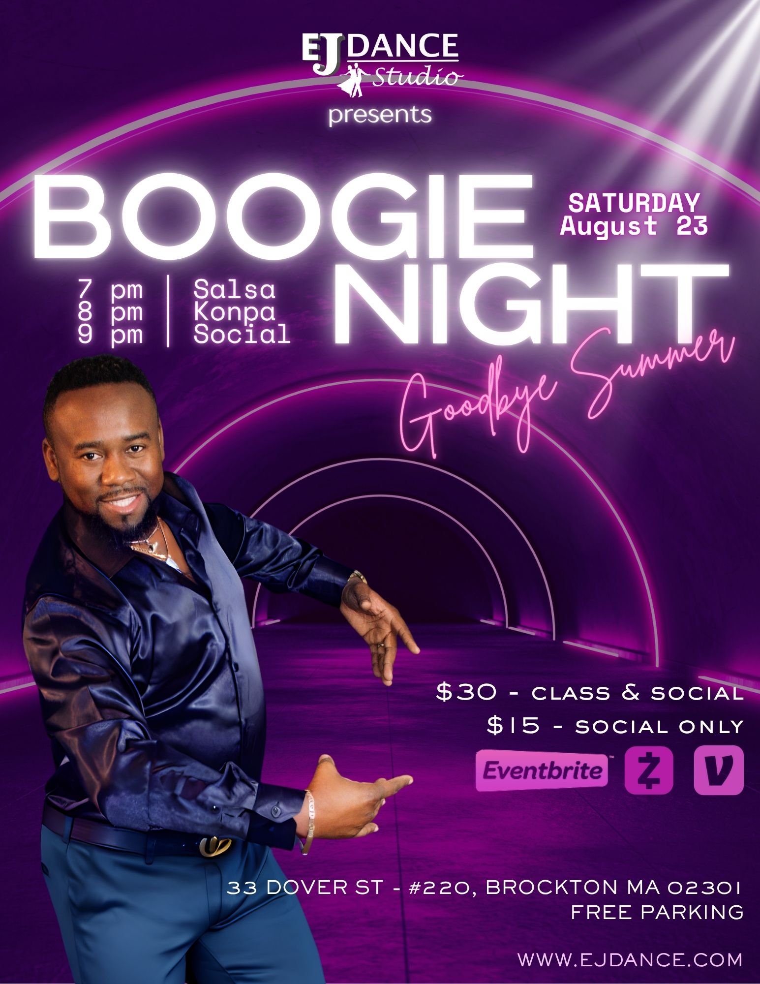 Man in shiny black shirt in a tunnel with purple neon lights