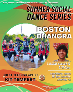 Green flyer with wave graphic showing Boston bhangra dancers