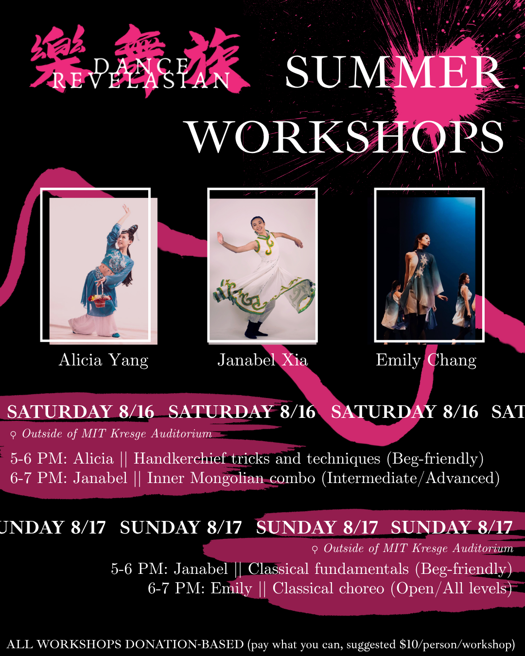 A flyer for Dance Revelasian's summer workshop series with dates and times