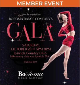 Image of a dancer in a red set facing profile, one leg extended to the back and arms wrapped around their body. Text contains description of the event details.