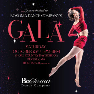 Image of a dancer in a red set facing profile, one leg extended to the back and arms wrapped around their body. Text contains description of the event details.