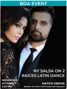 Poster for NY Salsa On 2 by Raices Latin Dance, Oct 1 at Hatch Grove. Features two performers posing together, one in a lace black dress and another in a suit and tie looking intensely into the camera.