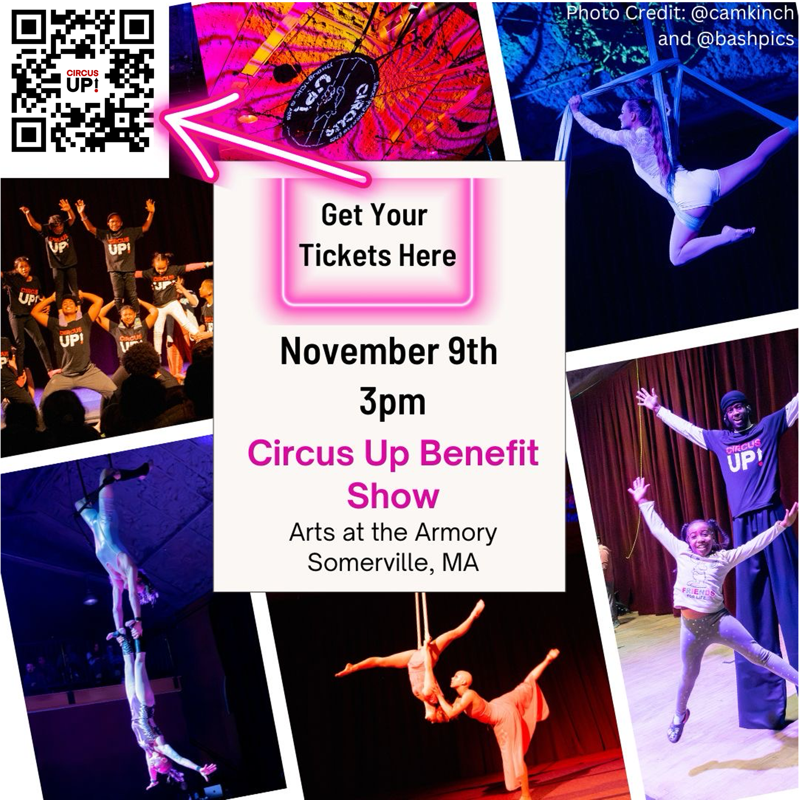 This image is of a flyer of our annual benefit circus show. It shows a variety of circus performers and dancers from diverse backgrounds performing at last year's event, as well as details about the event date and time.
