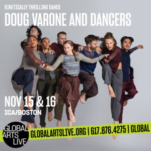 Seven dancers cluster together, each lifting one leg as their arms interlock for balance, creating a dynamic sense of shared momentum.