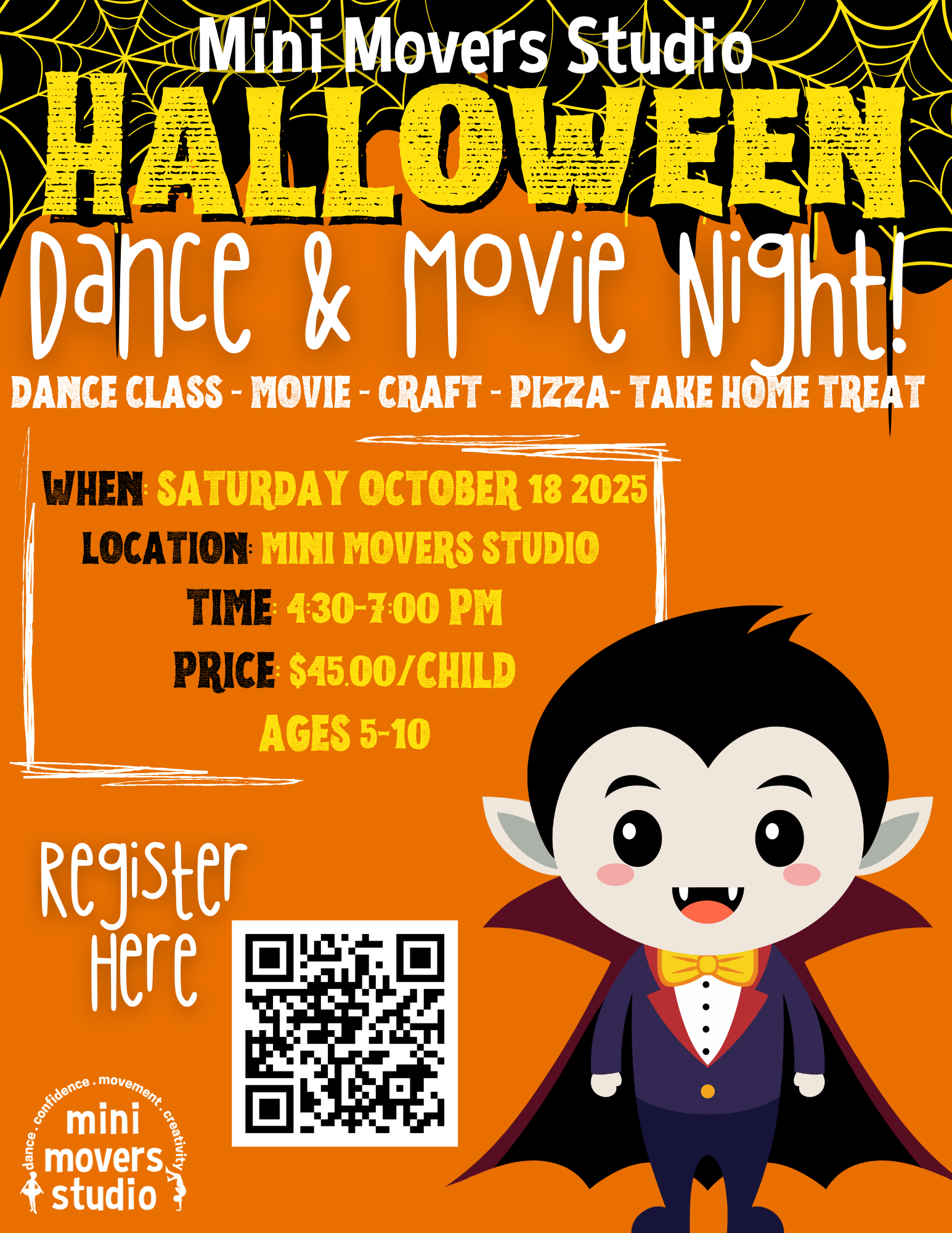 Mini Movers Studio Halloween Dance & Movie Night flyer with a cute cartoon vampire, event details, and a QR code on an orange background with spider webs.