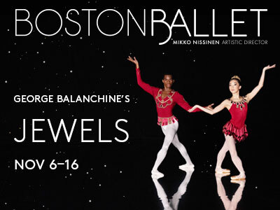 Image with text about the performances. Two ballet dancers perform a poised duet onstage, extending their arms with crystalline precision. Dressed in gem-toned costumes with sparkling details, they balance in mirrored lines.