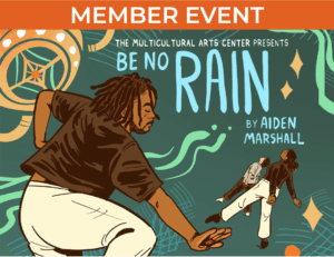 Illustrated flyer showing Aiden Marshall in the foreground dancing, with two smaller dancers in the upper right corner also dancing. The dancers are surrounded by text with details of the show and orange and green decorations.