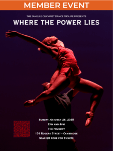 Event poster with text about the show. Image shows dancer with legs and arms extended being lifted over head by another dancer in the shadows.
