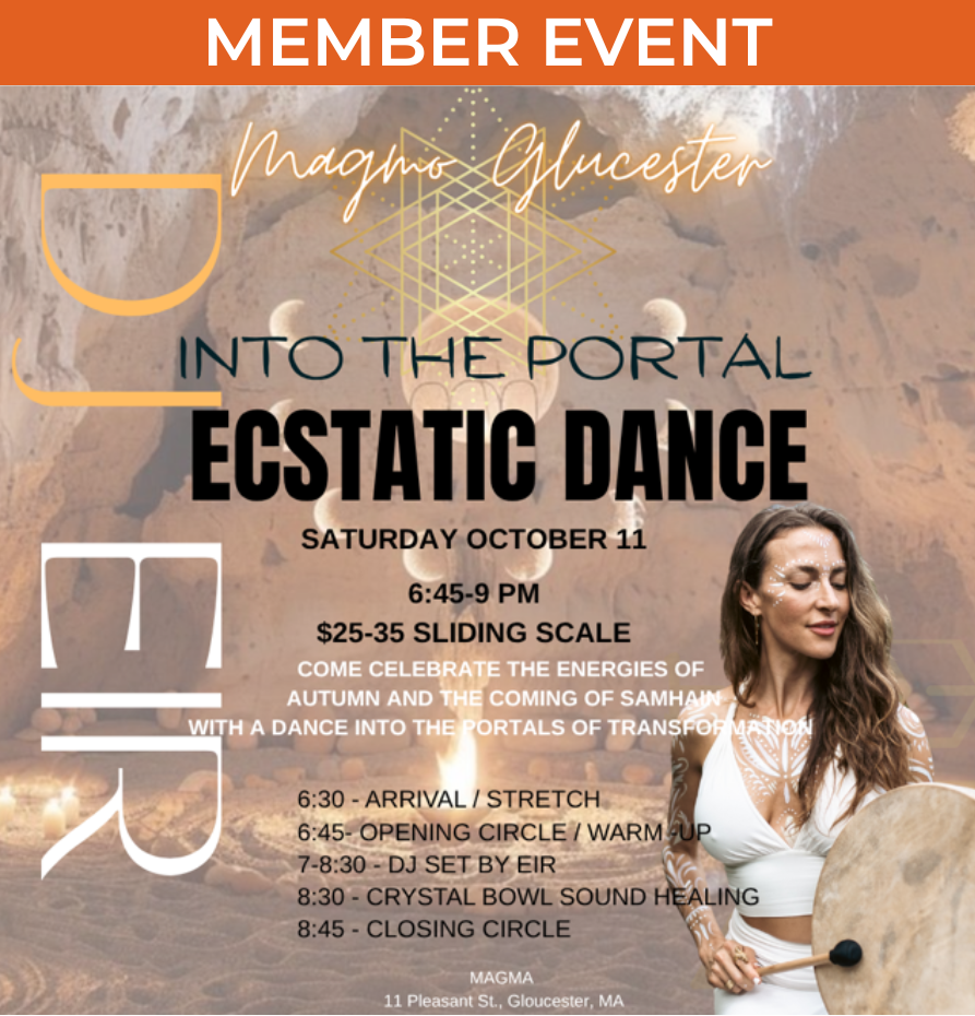 Background shows earthy textures with a geometric design, and a photo of a woman in white holding a frame drum.