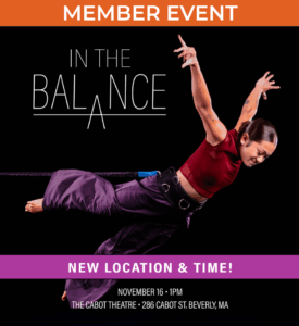 Dancer jumping with information about the performance