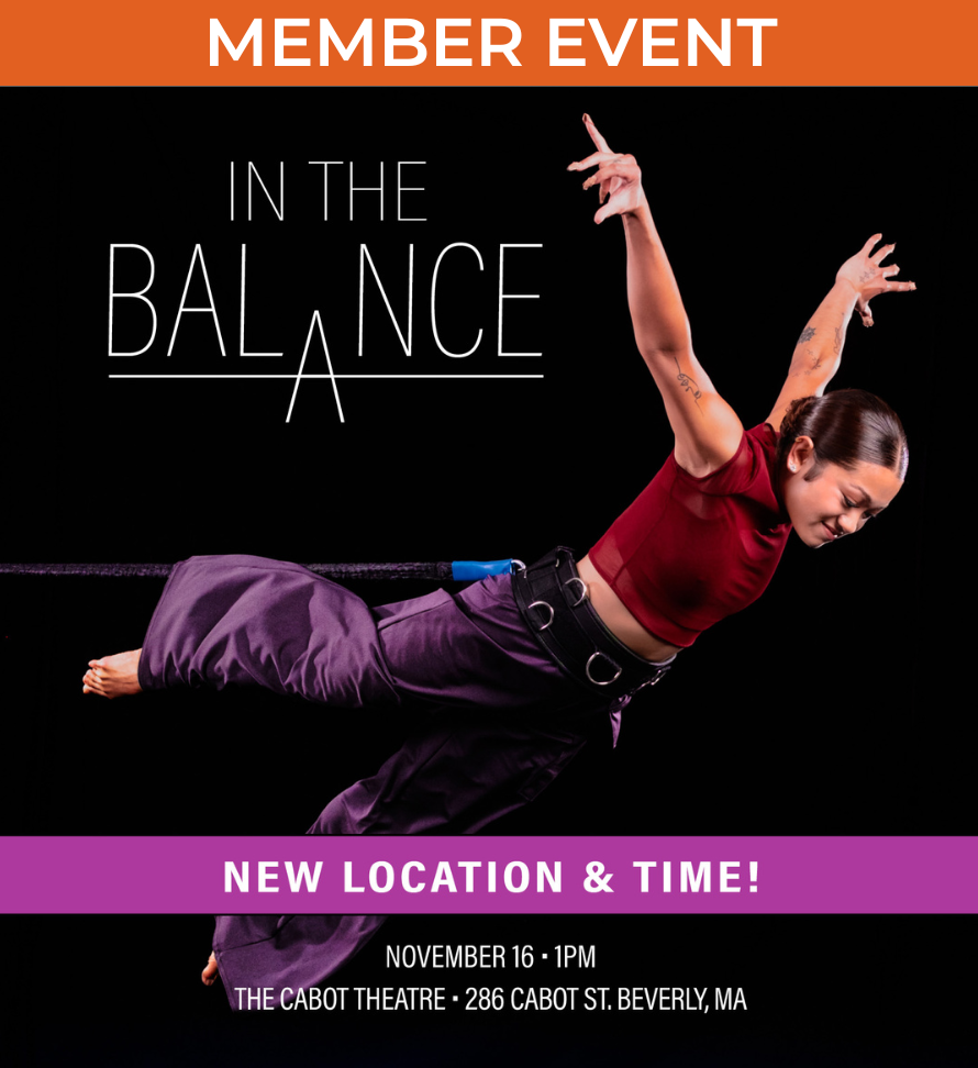 Dancer jumping with information about the performance