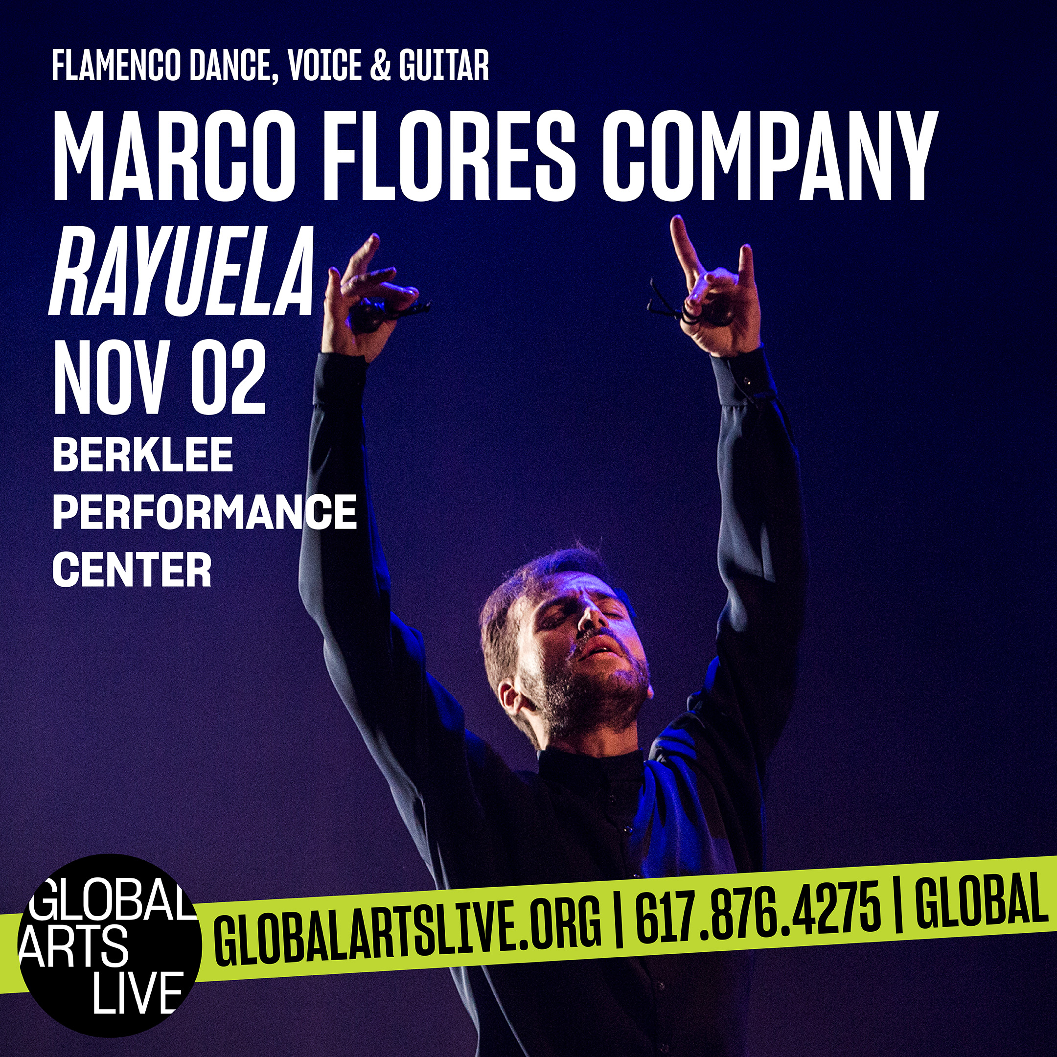 Poster with text explaining the event. Marco Flores show from the chest up, arms extended over head, eyes closed.