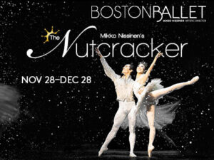 Two ballet dancers glide through a snowy scene, lifted in a graceful arabesque. Their movements are light and radiant, evoking the magic and wonder of The Nutcracker as they embody elegance and joy.
