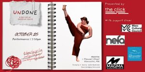 Poster in the form of a open spiral notebook. One page displays information about the event, the other displays an image of a dancer in maroon with one leg extended strong and high in the air, hands on one hip, and an intense expression.
