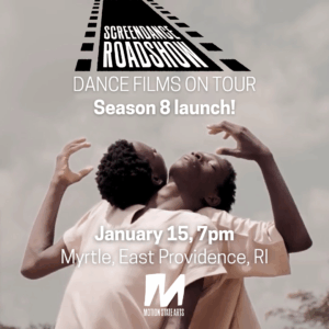 ScreenDance RoadShow logo- Picture of two bodies back to back with their heads leaning on each other's shoulder