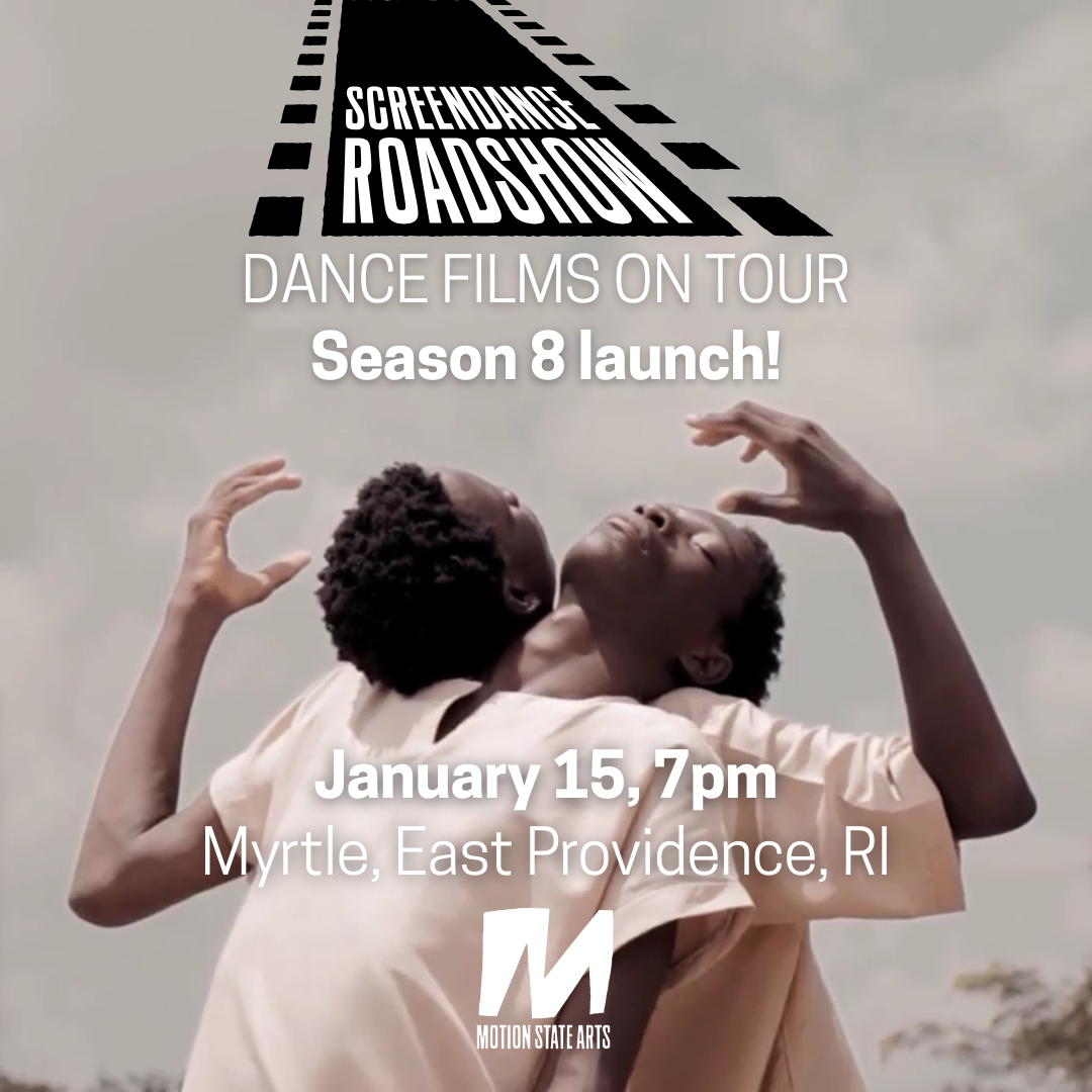 ScreenDance RoadShow logo- Picture of two bodies back to back with their heads leaning on each other's shoulder