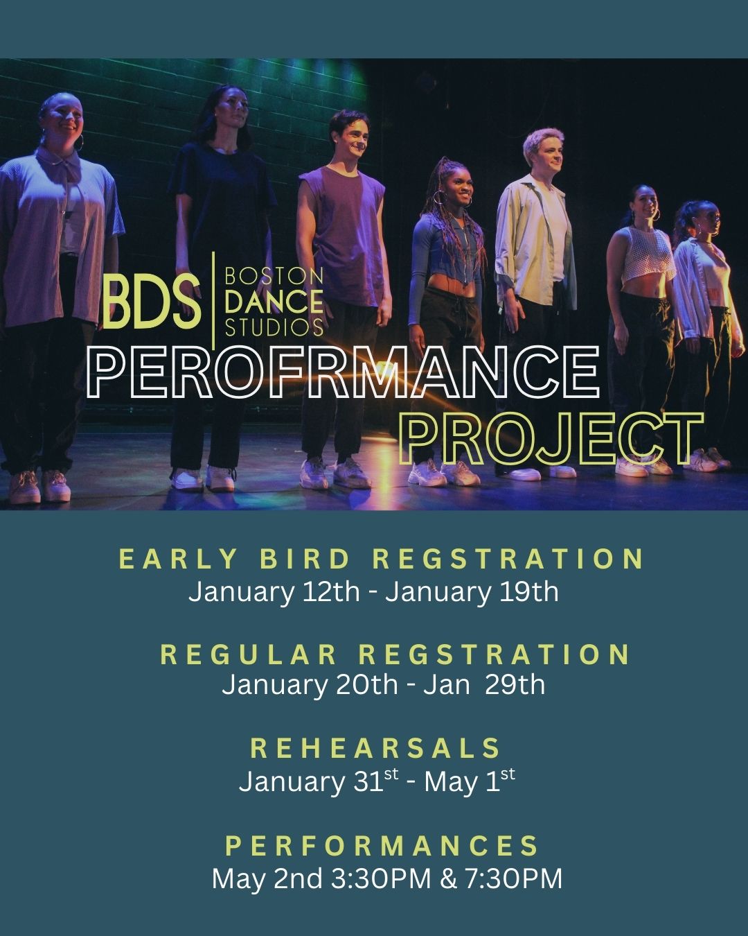 A group of seven dancers stand ready to bow on a softly-lit stage.