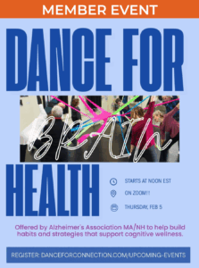 Poster for Dance for Health event. Includes an image of dancers standing in a cirlce holding a web of fabric.