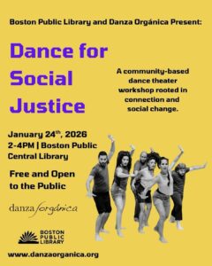 Poster for event with cropped photo of 6 movers facing the camera with their arms outstretched in a strong lunge.