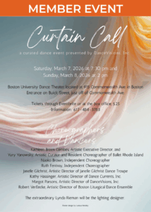 Event poster. Text including information about the event and performers overlayed over a pastel image of a draped curtain.