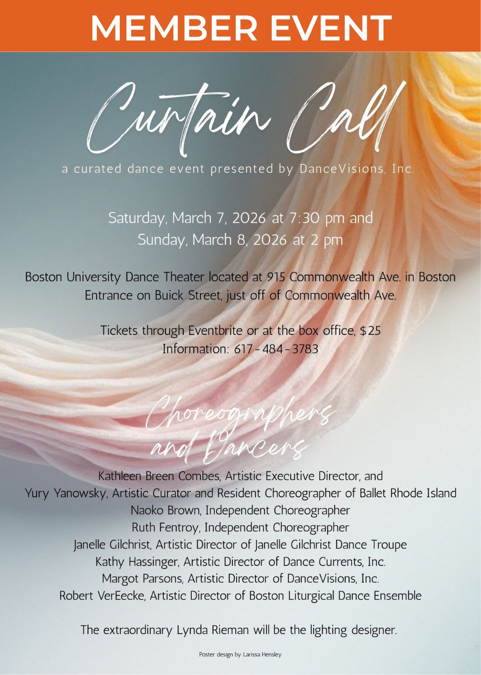 Event poster. Text including information about the event and performers overlayed over a pastel image of a draped curtain.