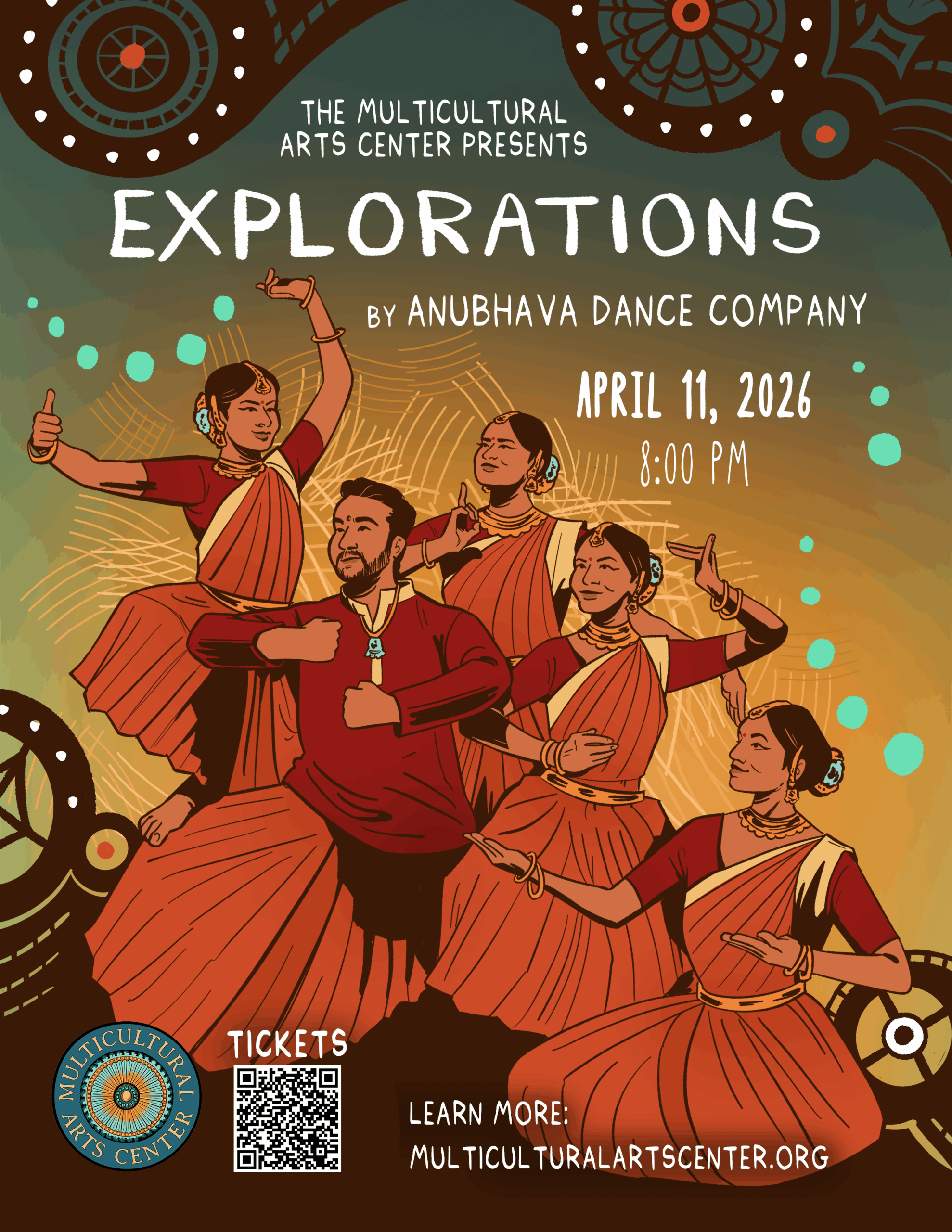 Image is an illustrated flyer showing five dancers from the Anubhava Dance Company. The main colors are orange, brown, and blue.