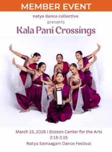 A dancer draped in violet and gold cloth holds a lantern while seated. Behind her, another figure in matching attire supports her. The pair are flanked by four other dancers with outstretched arms leaning in, all dressed in tones of violet, maroon, and gold.