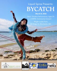 A dancer extends her arms outwards with her left leg in attitude. She is on the beach, with the ocean and skyline in the background. The dancer is entangled in ropes around her arms, legs, and torso.