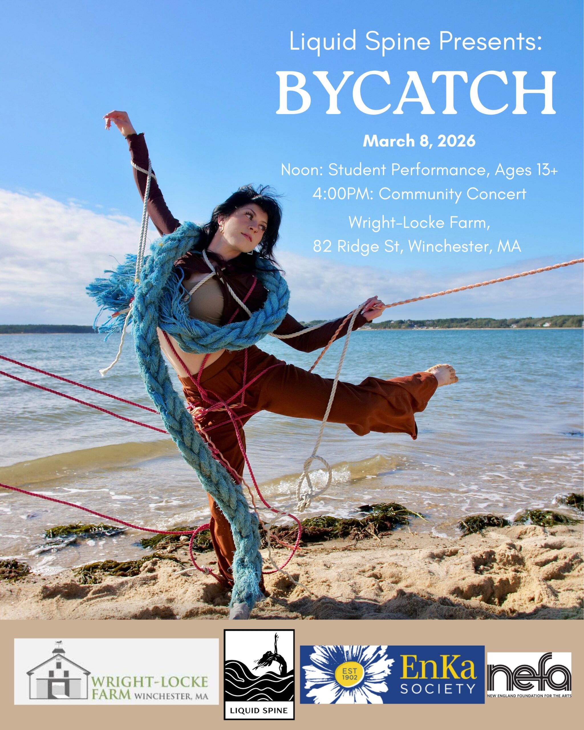 A dancer extends her arms outwards with her left leg in attitude. She is on the beach, with the ocean and skyline in the background. The dancer is entangled in ropes around her arms, legs, and torso.