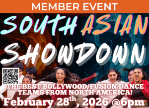 A poster showing a group of dancers in colorful costumes performing energetic movements. The background features fire and water imagery. Text above and below the image announces details for a South Asian dance event.