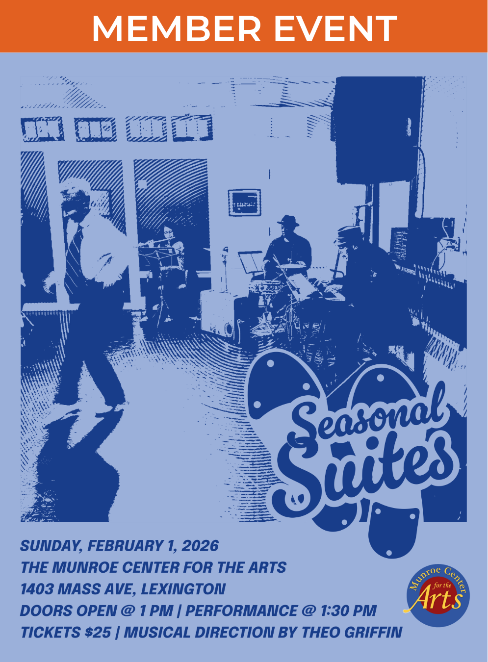 A blue silhouette of a tap dancer performing in front of a jazz trio, featuring the Seasonal Suites logo and relevant information about the performance.