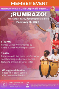 People smiling, playing percussion instruments and dancing Cuban Rumba.