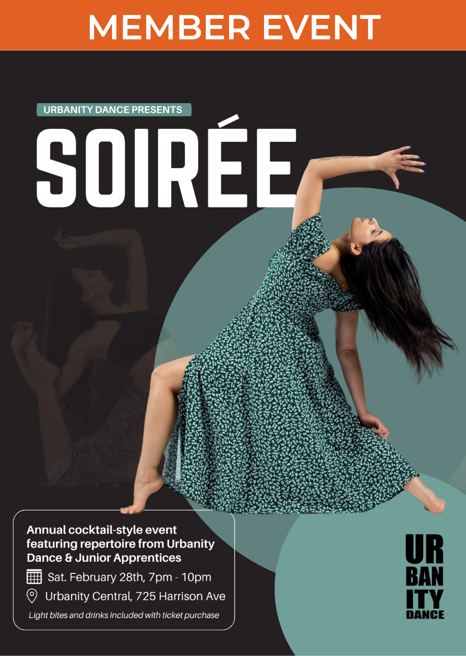 Soirée flyer with image of dancer in a deep lunge backbend, arms stretched above, wearing a blue and black floral sun dress