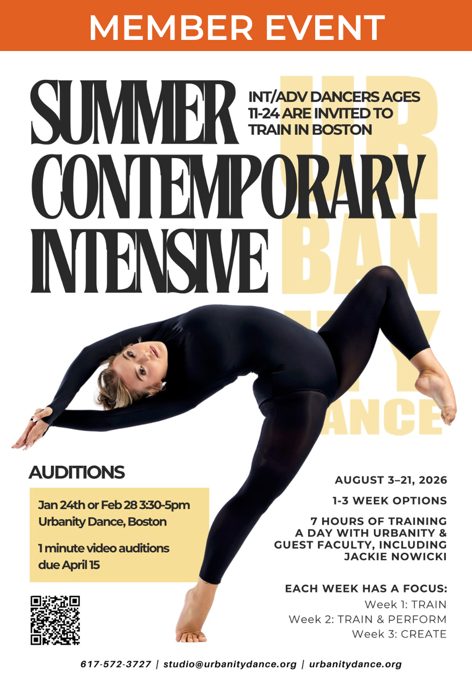 Flyer with image of dancer with text: Summer Contemporary Intensive. Intermediate/Advanced Dancers Ages 11-24 are invited to train in Boston. Auditions are January 24th or February 28th from 3:30-5pm. 1-minute video auditions due April 15th.