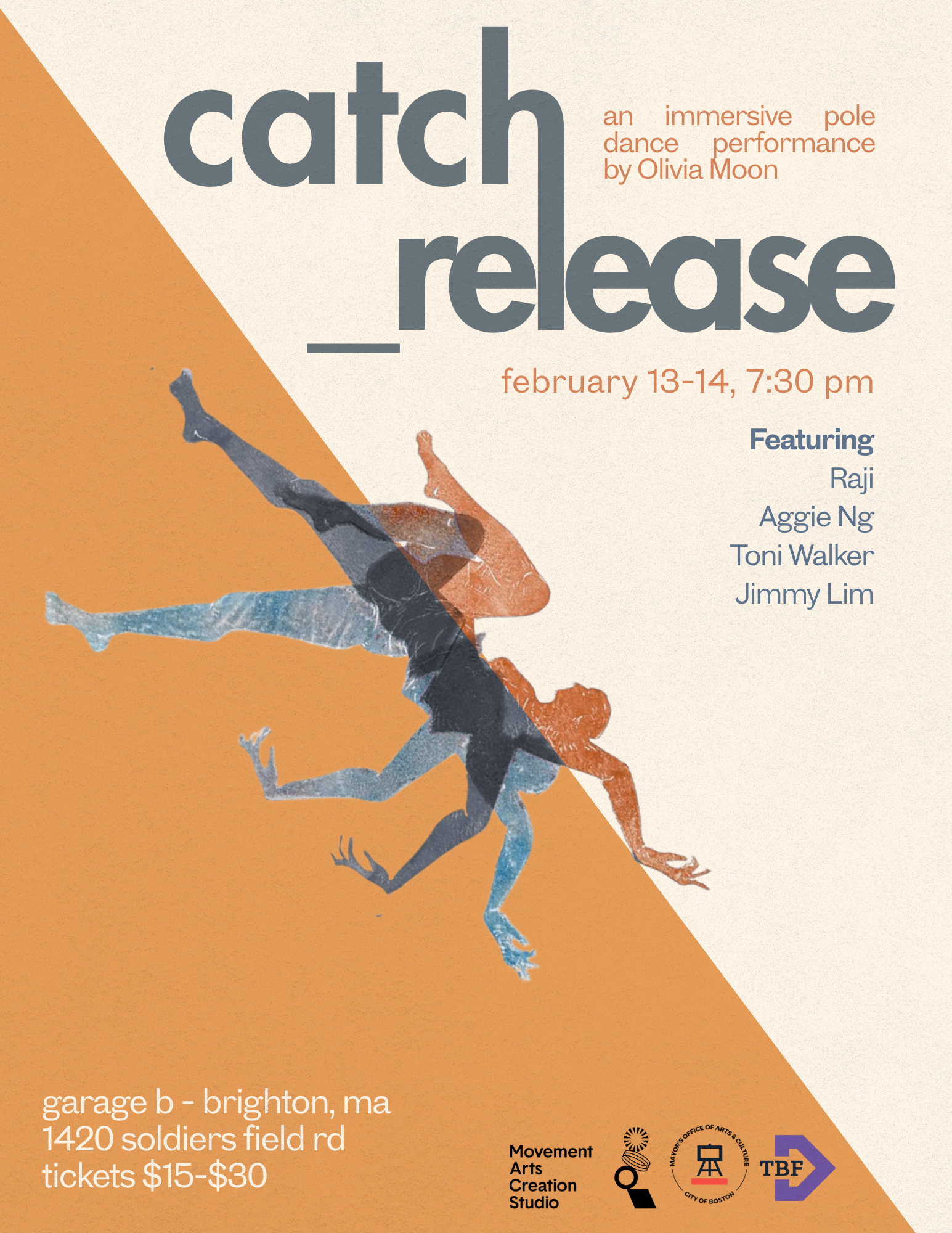 Show flyer featuring abstract overlapping bodies over a color blocked background. The text reads "catch_release: an immersive pole dance performance by Olivia Moon"