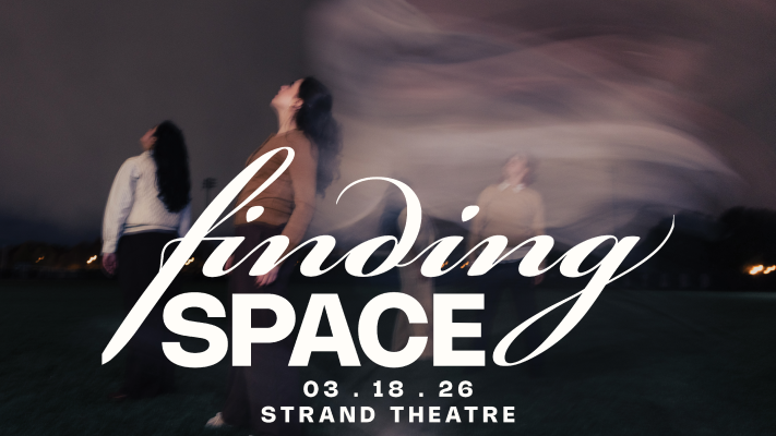 Dancers stand in a field at night looking at the sky while a white blur moves past them. There is white text reading Finding Space Strand Theatre 03.14.2026