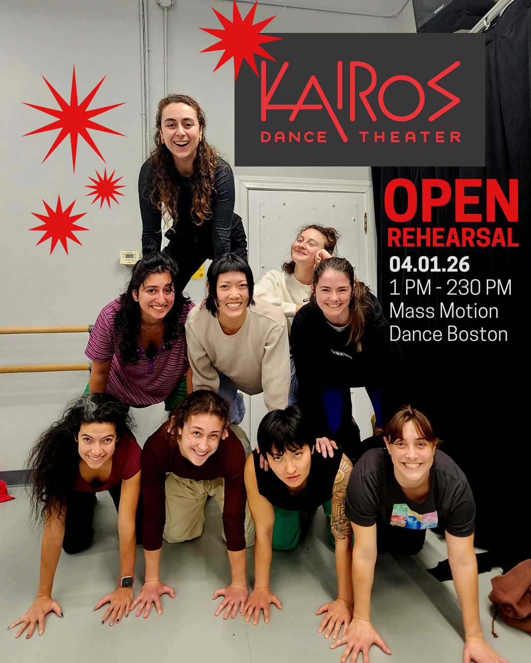 Poster for a KAIROS Dance Theater open rehearsal featuring a group of dancers stacked in a playful pyramid formation in a studio. Overlaid text reads: “Open Rehearsal, April 1, 2026, 1:00–2:30 PM, Mass Motion Dance Boston.”